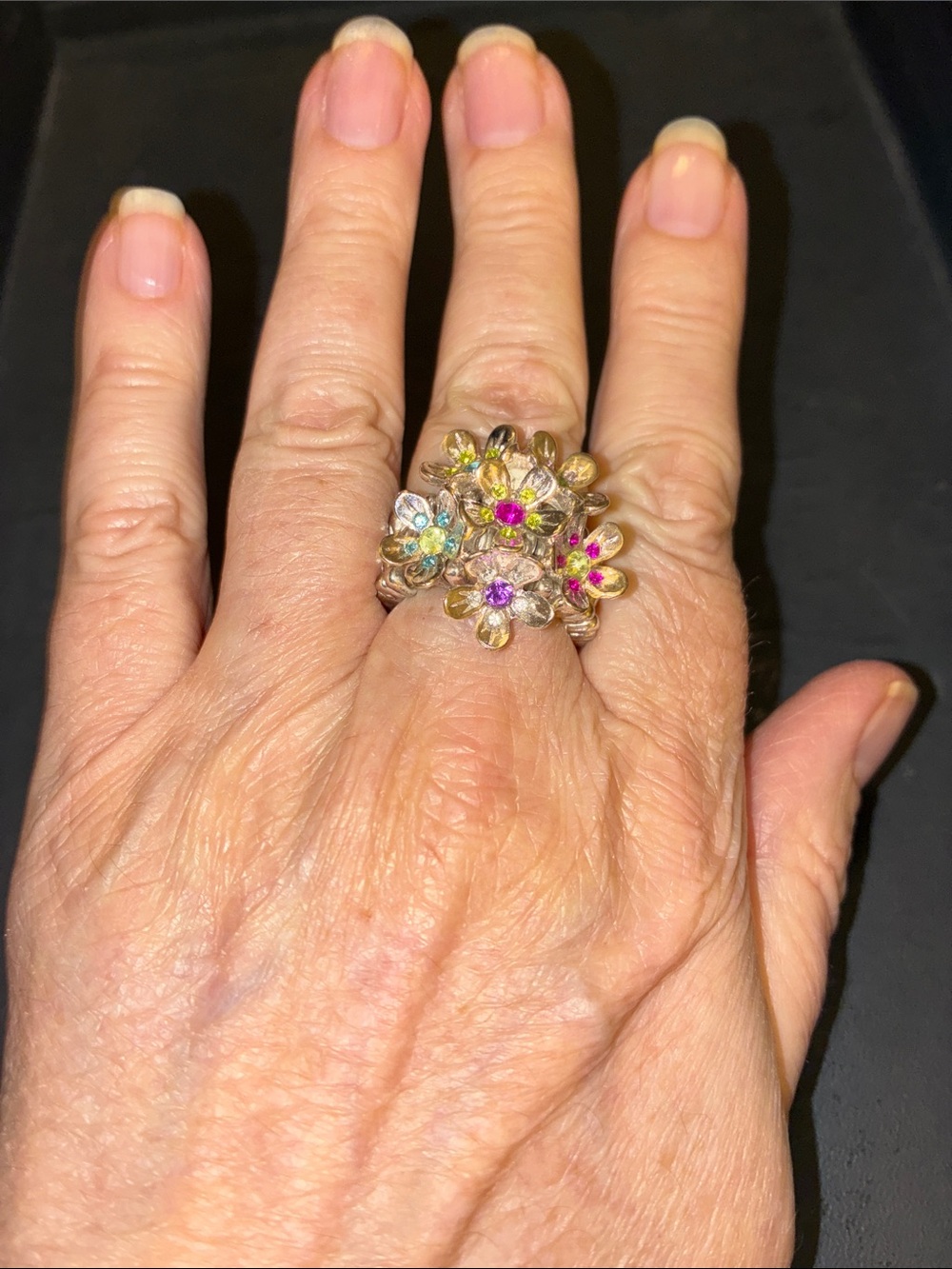 Floral Multi-Color Crystal Cluster Stretch Ring - Silver Tone
